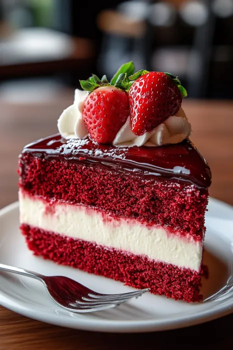 A slice of red velvet cake with white cream and strawberries.
