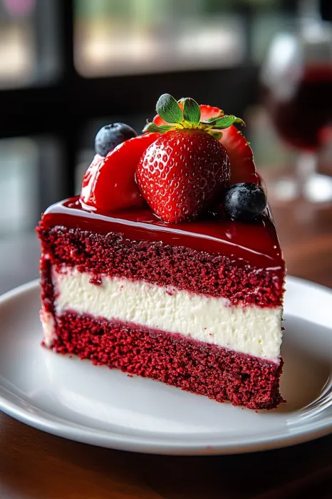 A slice of red velvet cake with strawberries and blueberries on top.