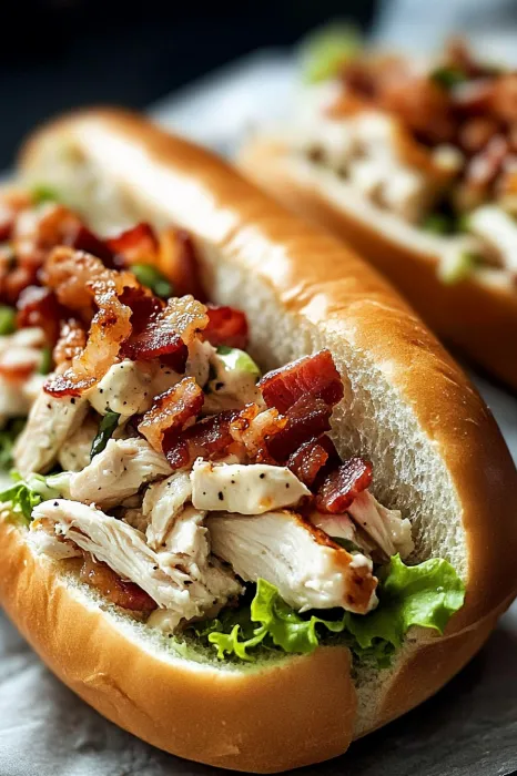 A sandwich with bacon and chicken.