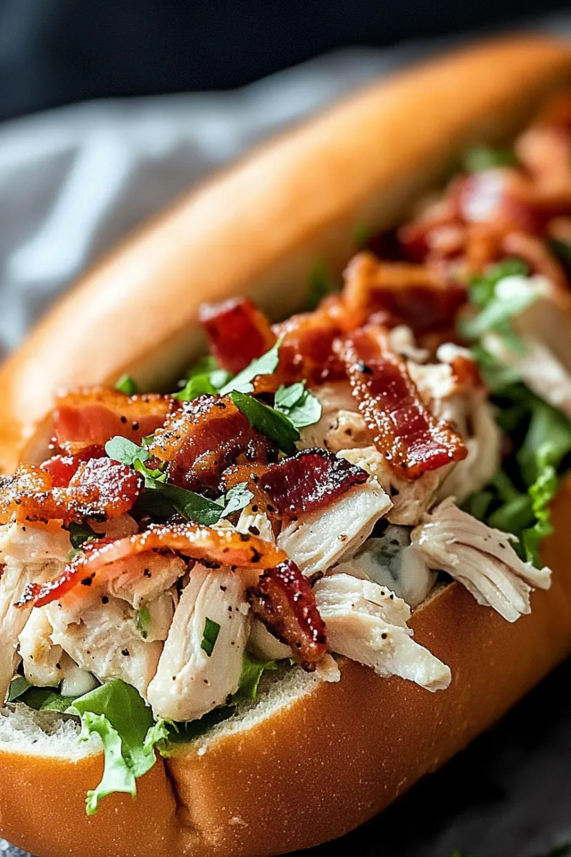 A sandwich with bacon and chicken.
