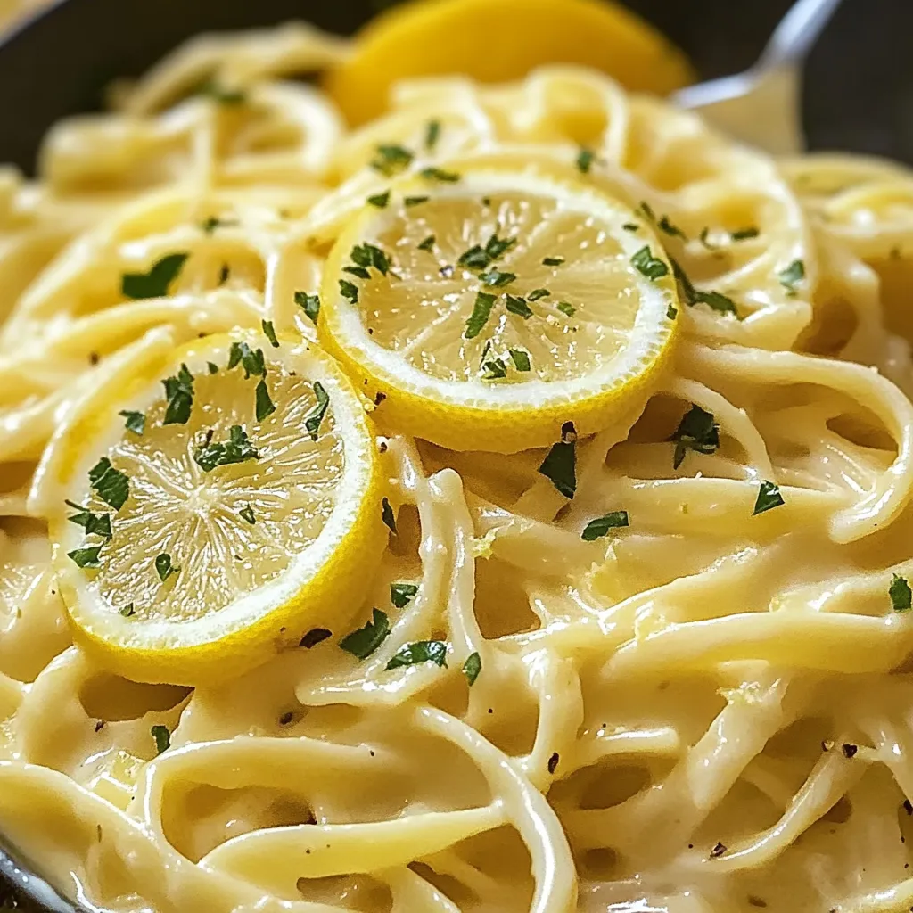 Serving of pasta topped with lemon slices.