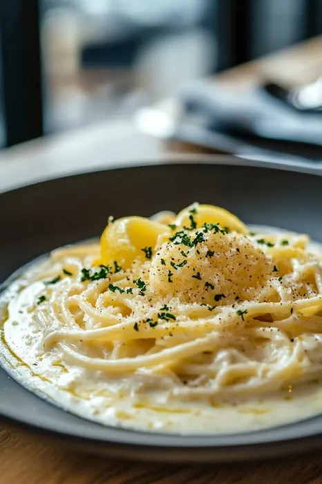 A bowl of pasta with a lemon on top.