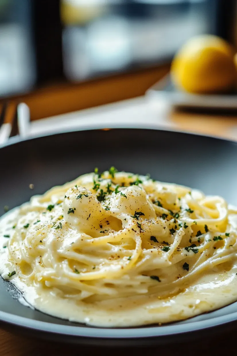 A bowl of pasta with cheese and herbs.