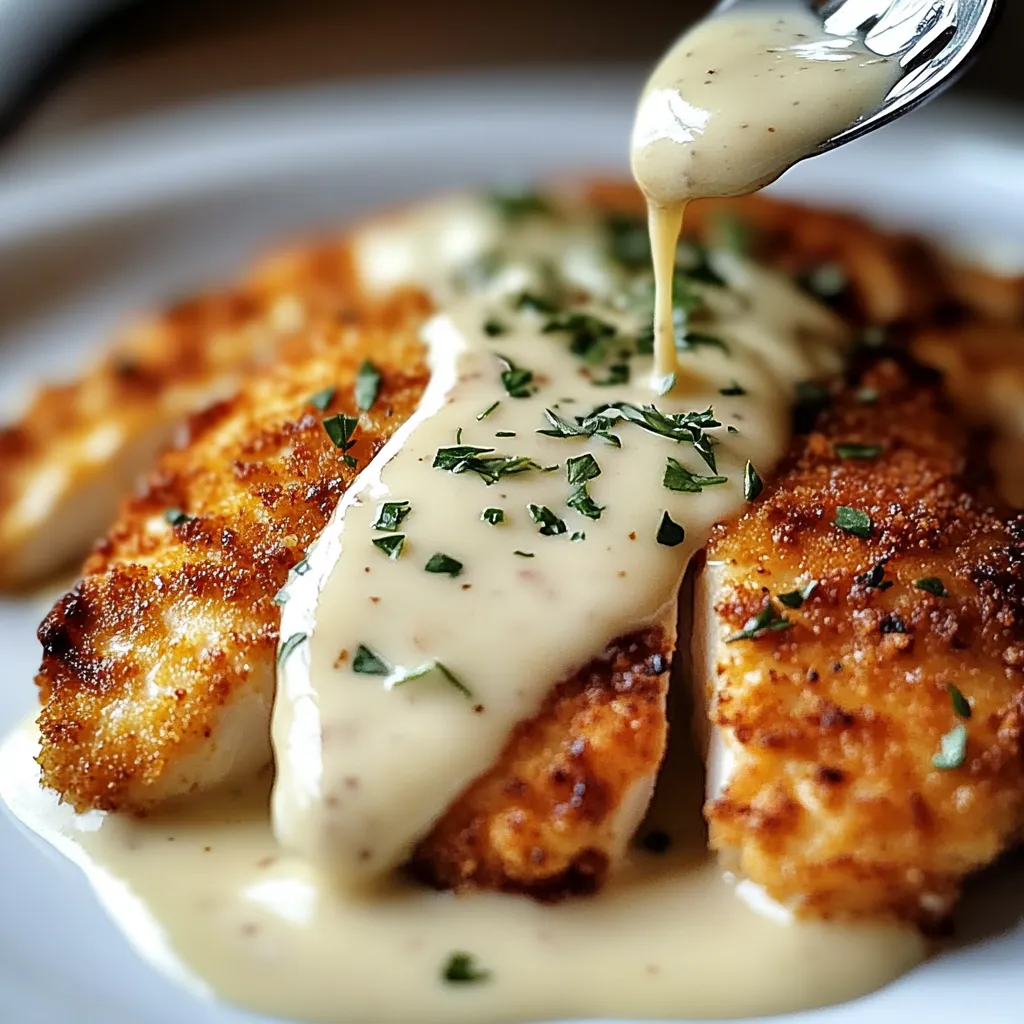 A plate filled with cheesy chicken and creamy sauce.