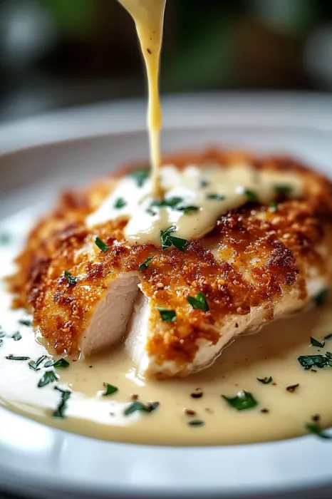 A piece of meat with sauce on it.