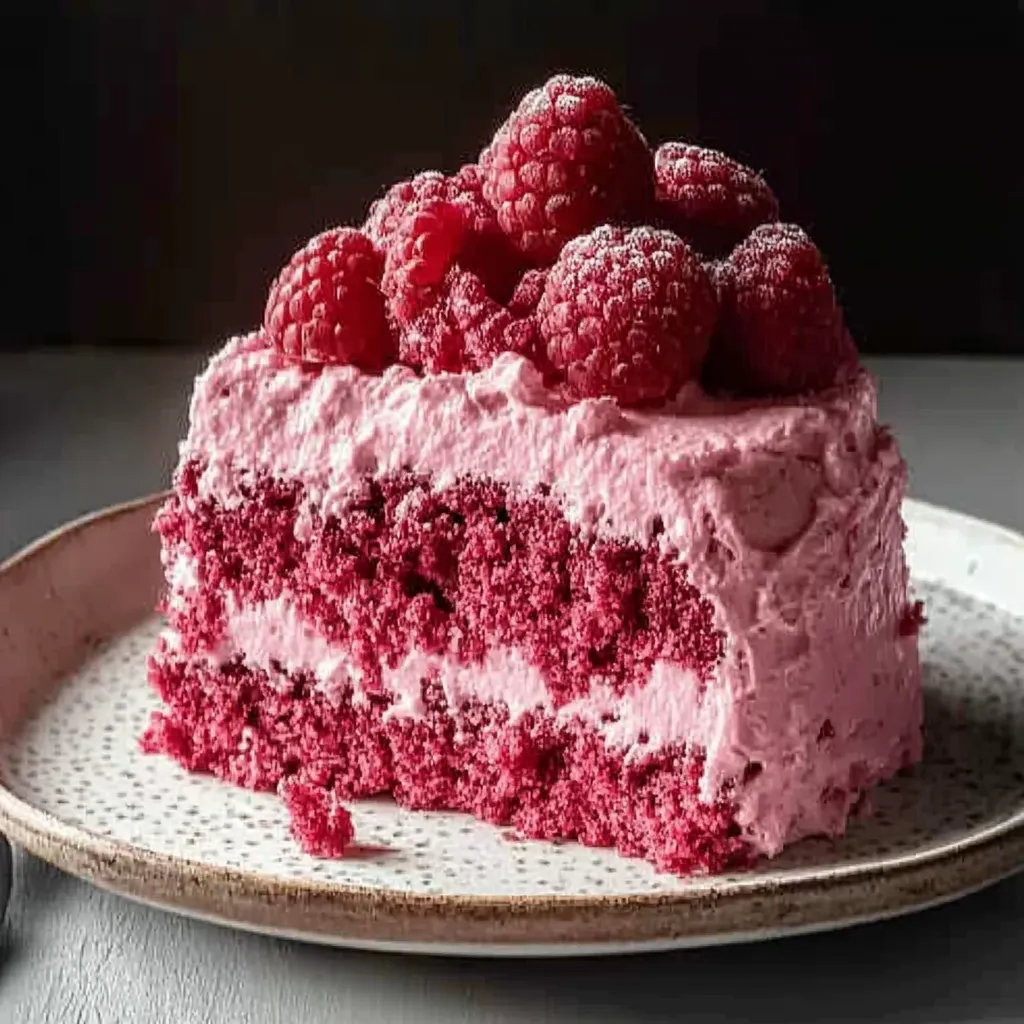 A slice of cake topped with raspberries.