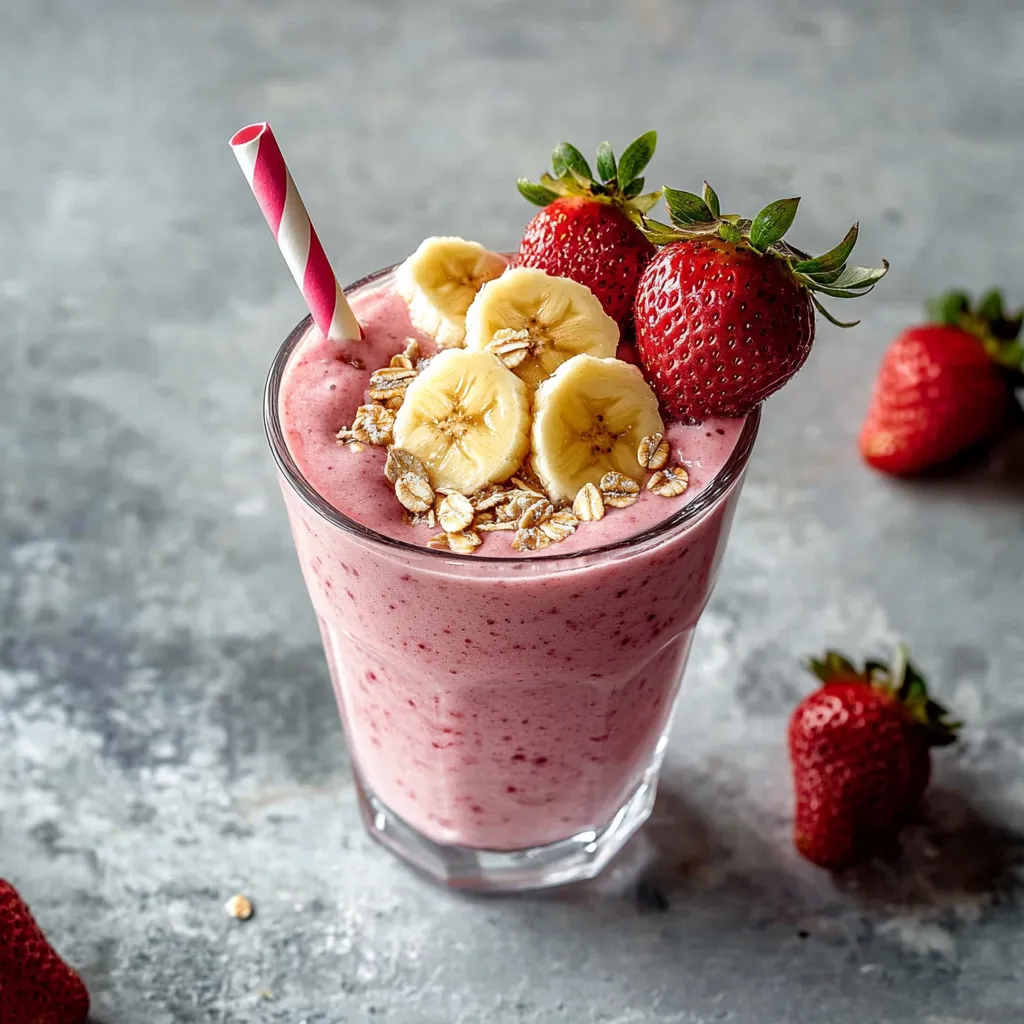 A glass of banana strawberry drink topped with a strawberry.