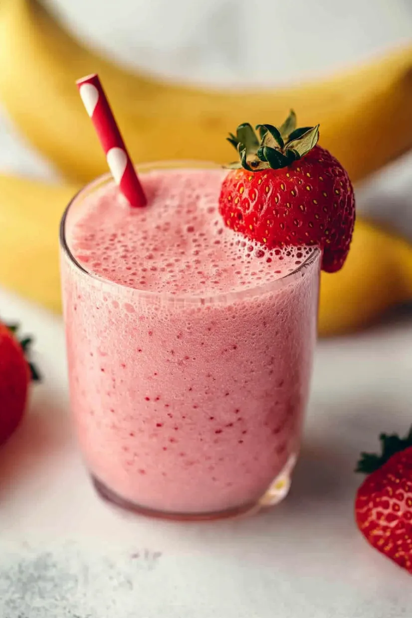 A pink smoothie in a glass topped with a fresh strawberry.