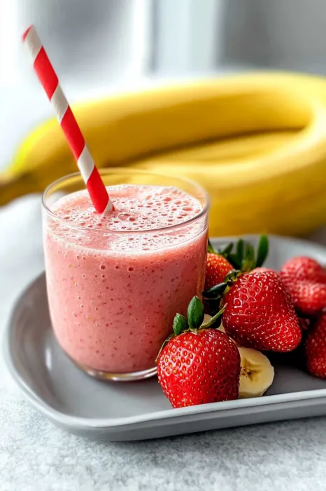 A pink smoothie in a glass with a fresh strawberry and banana slice nearby.
