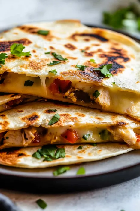 Two stacked tortillas with tomatoes and cheese.