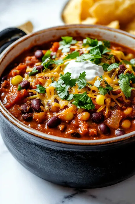 A bowl of chili with cheese and chives.