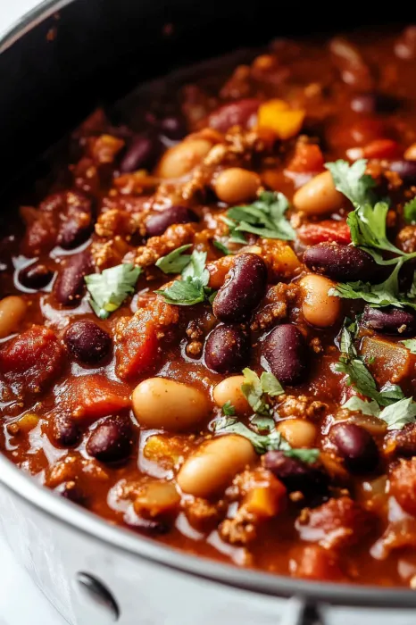A bowl of chili with beans, tomatoes, and spices.