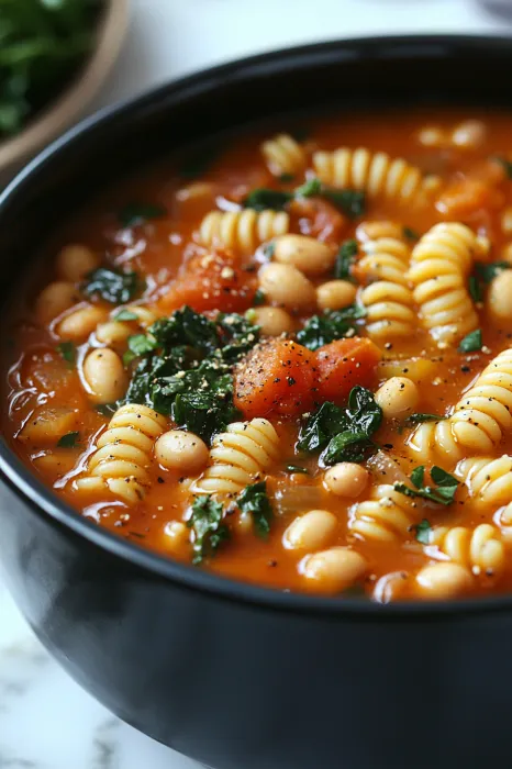 A bowl of soup with pasta and beans.