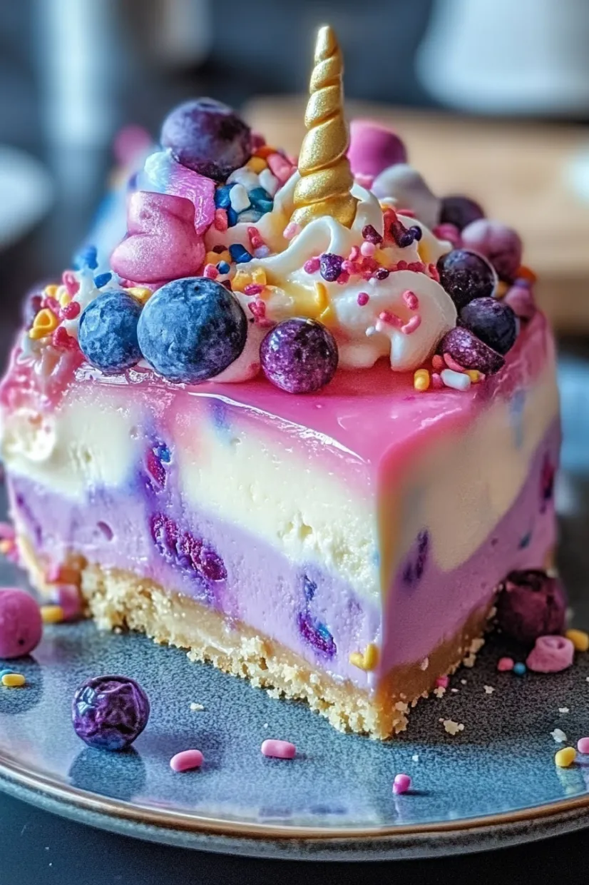 A slice of cake with blueberries and a unicorn on top.