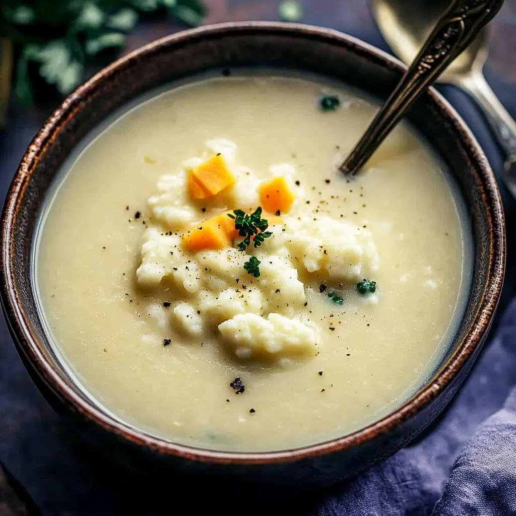 A bowl of soup with a spoon in it.