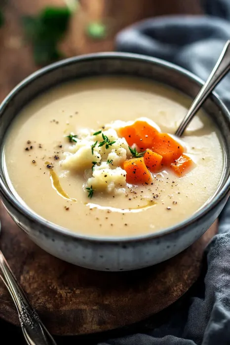 A bowl of soup with a spoon in it.
