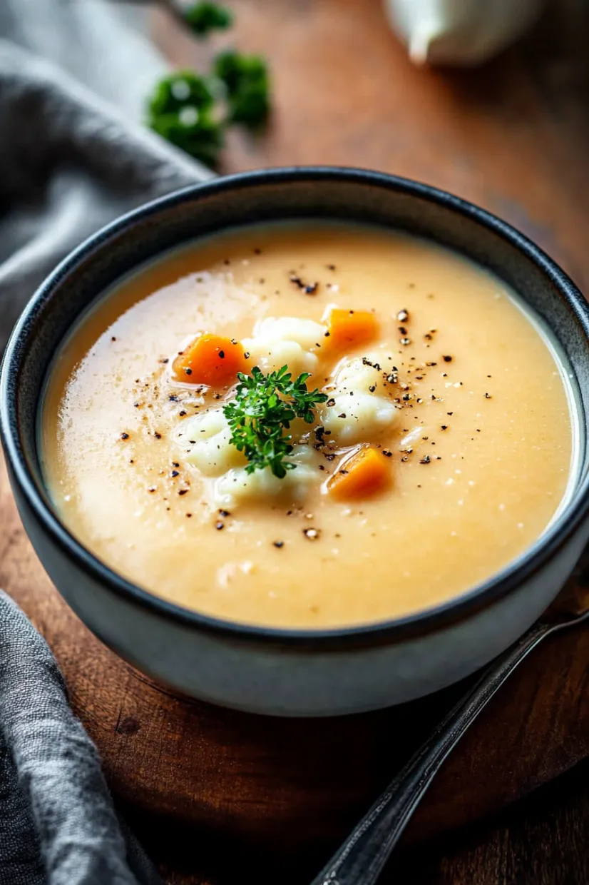 A bowl of soup with a fork.