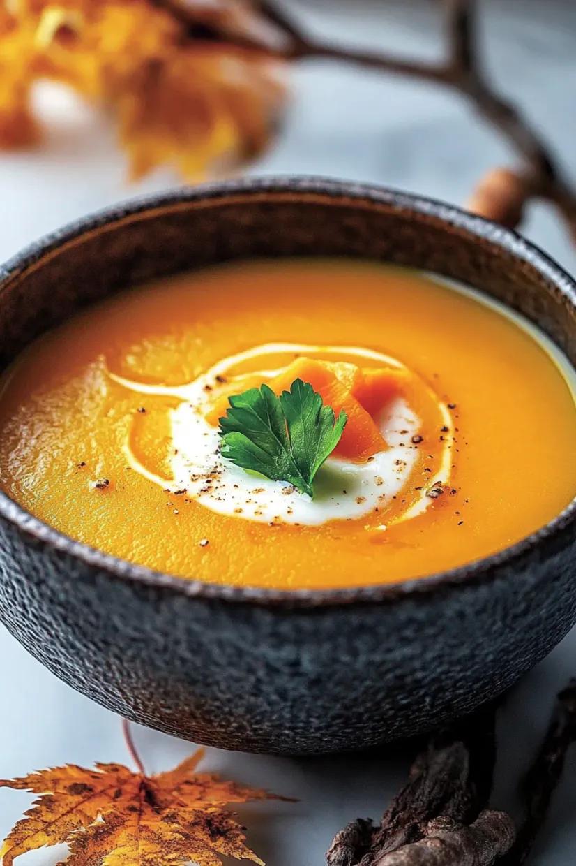 A bowl of soup with a green herb on top.