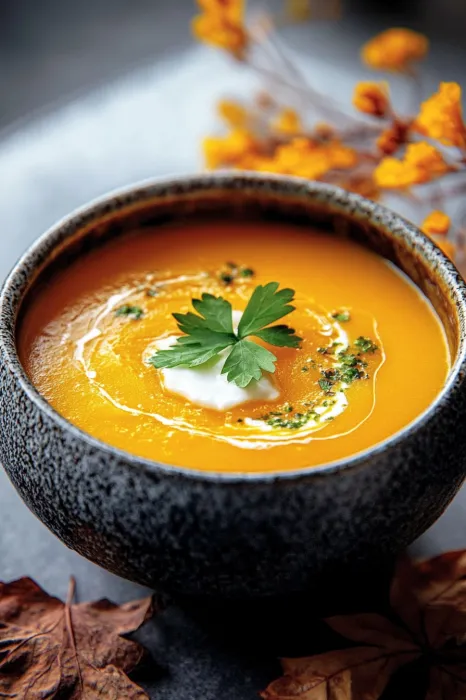 A bowl of soup with a green herb on top.