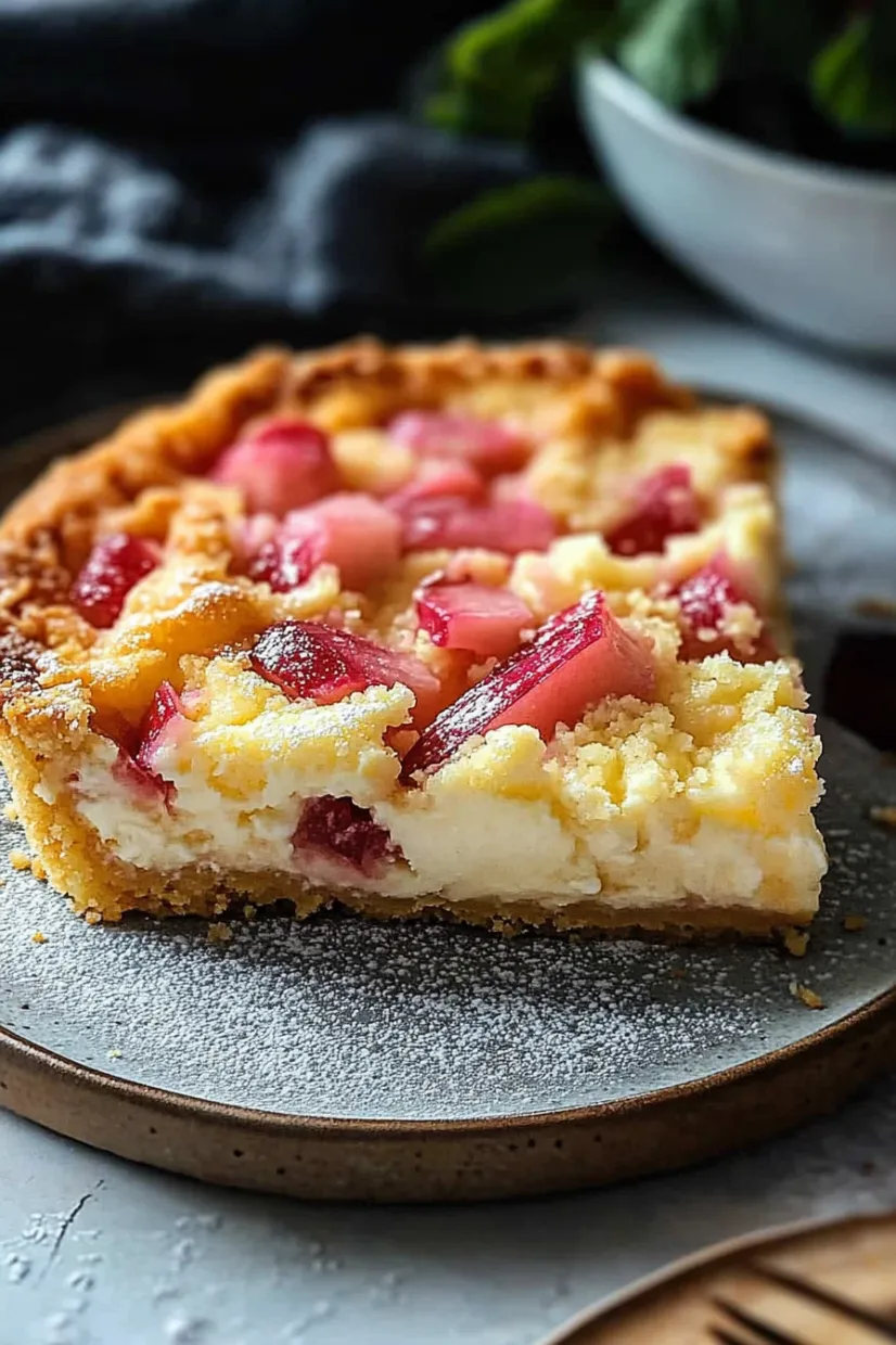 A closeup of rhubarb cake showing creamy filling with bright red fruit pieces.