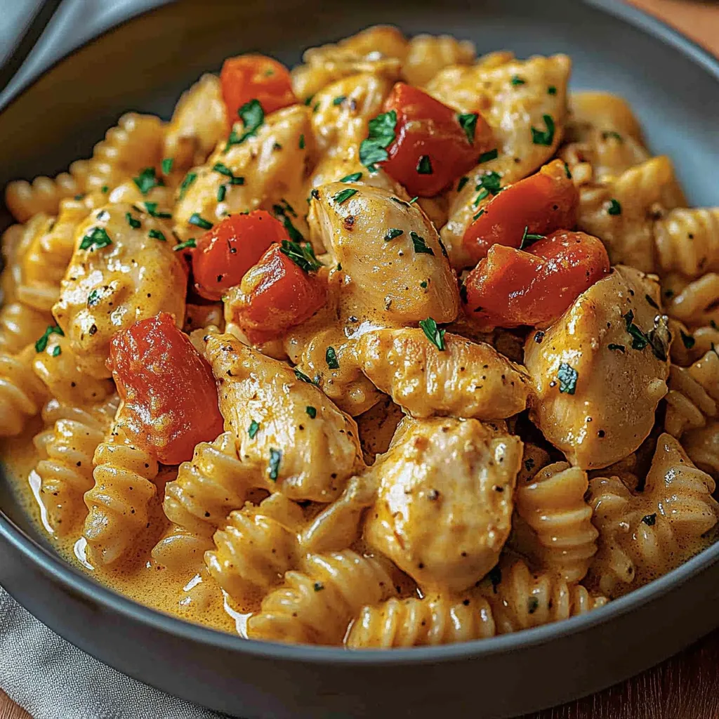 A plate of chicken and pasta topped with red bell peppers.