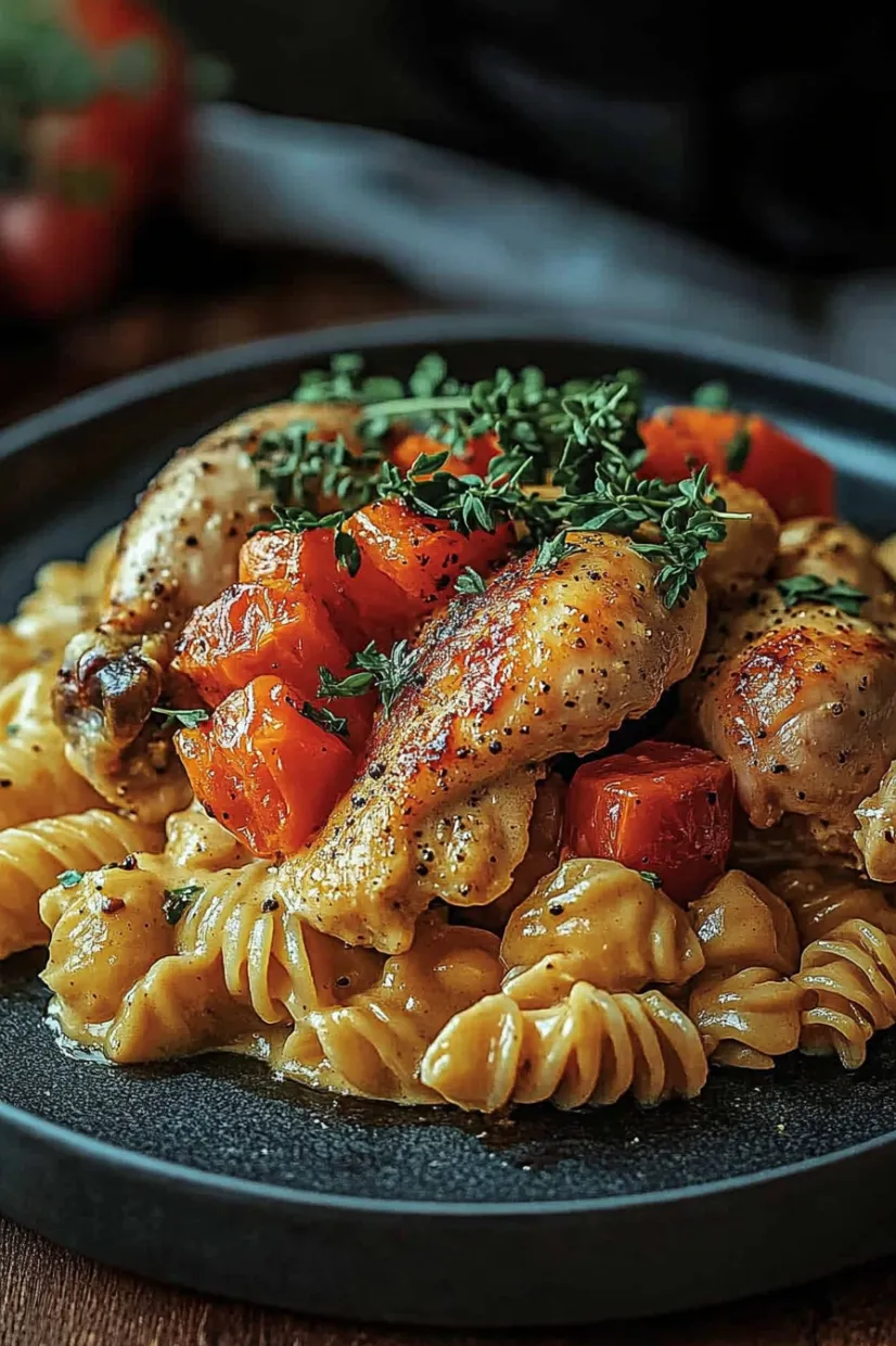 A plate of food with chicken, carrots, and pasta.