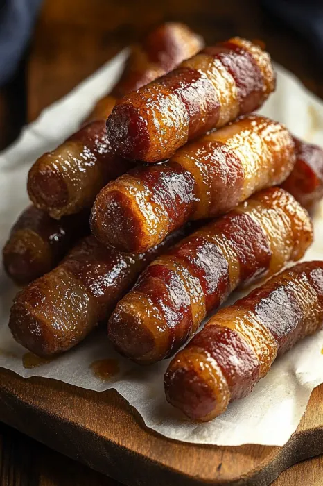Bacon wrapped hot dogs on a paper towel.