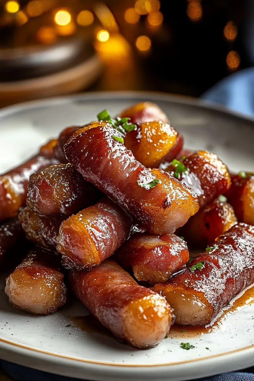 Bacon wrapped sausage on a plate.