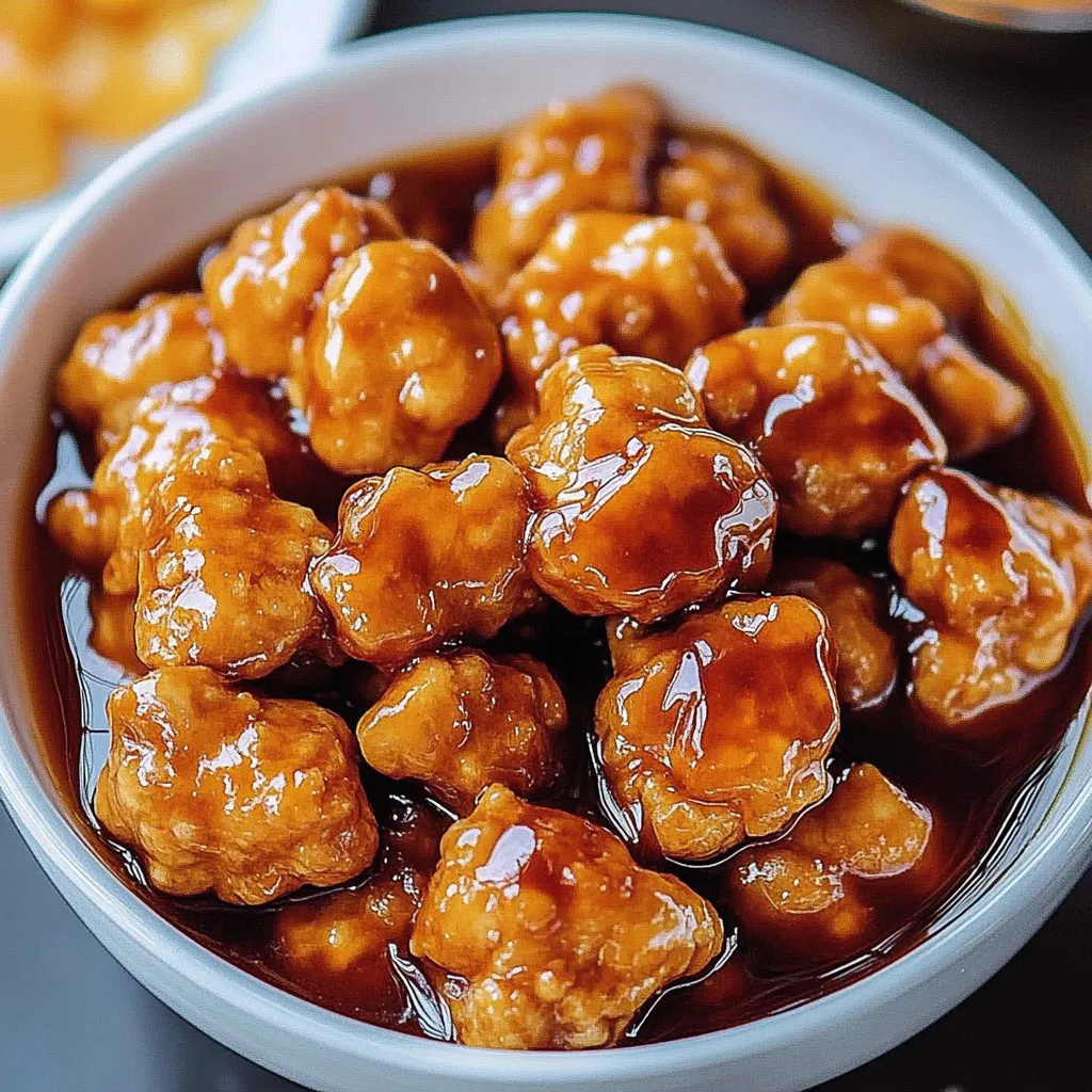 A bowl filled with chicken coated in sauce.