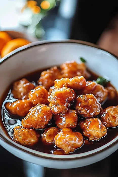 A bowl of chicken with sauce.