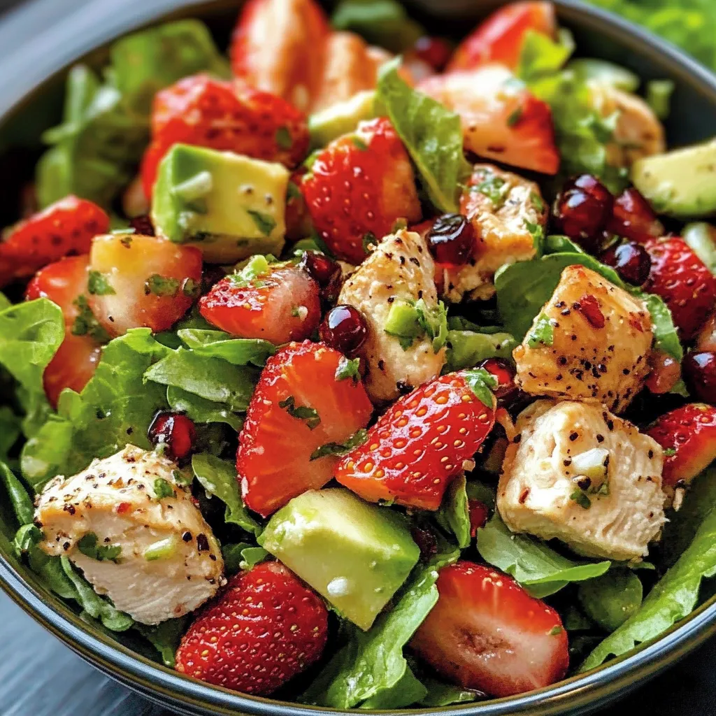 A vibrant bowl with strawberries, chicken, avocado, and greens.