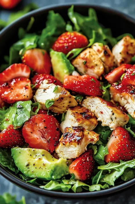 A bowl of food with chicken, strawberries, and lettuce.