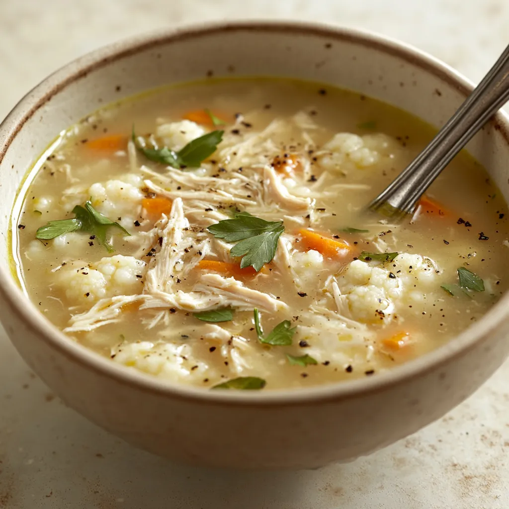 A delicious chicken and veggie soup in a bowl.