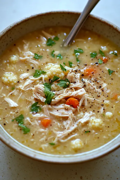 A warm bowl of chicken soup with veggies floating in broth.
