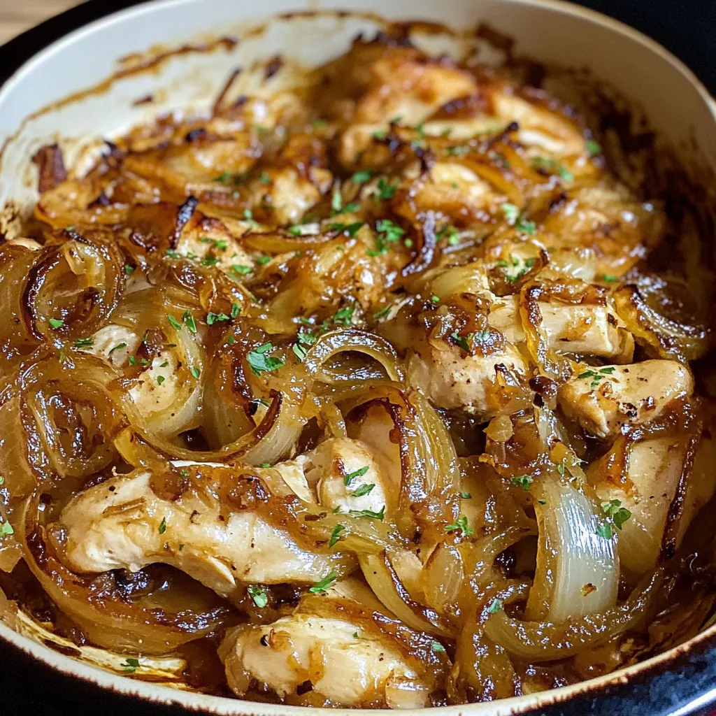 Chicken and onions with herbs in a bowl.