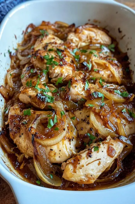 Chicken with onions and herbs.