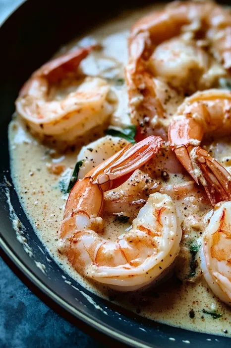 A bowl of shrimp and sauce.