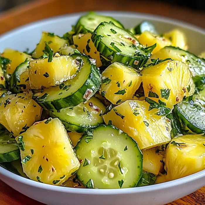 A bright mix of pineapples and cucumbers in a bowl.