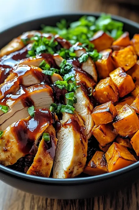 A bowl of food with chicken and vegetables.