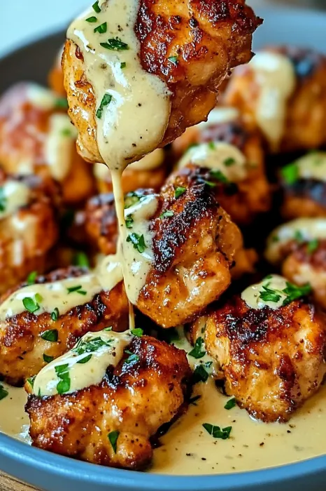 A piece of food with sauce dripping off of it.
