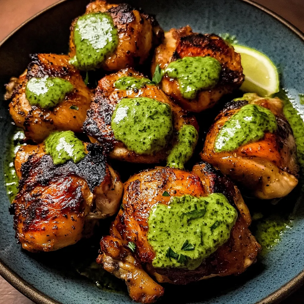 A dish of seasoned chicken with green sauce on the side.