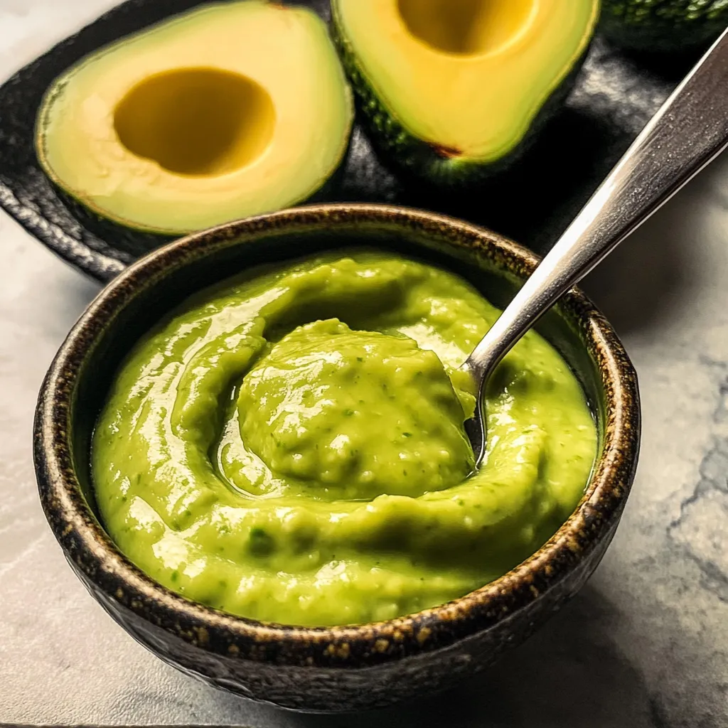 A bowl of smashed avocado with a spoon.