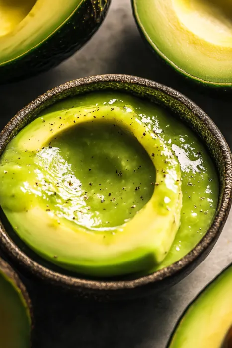 A bowl of guacamole with a green avocado in it.