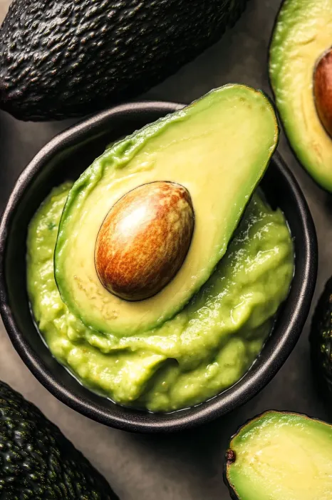 A bowl of guacamole with a slice of avocado on top.