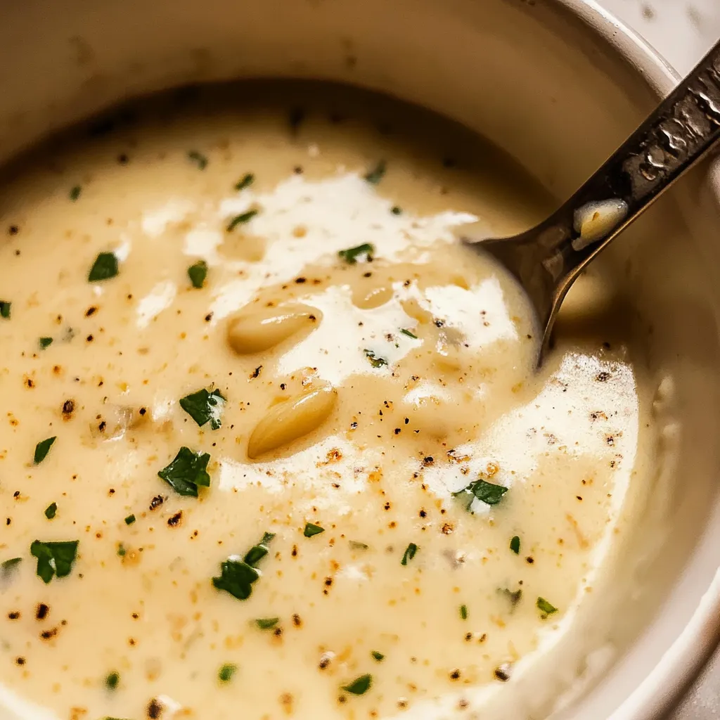 A spoon stirring creamy sauce in a bowl.