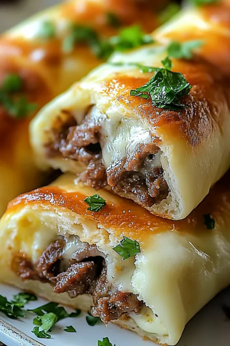 A close up of a meat and cheese filled pastry.