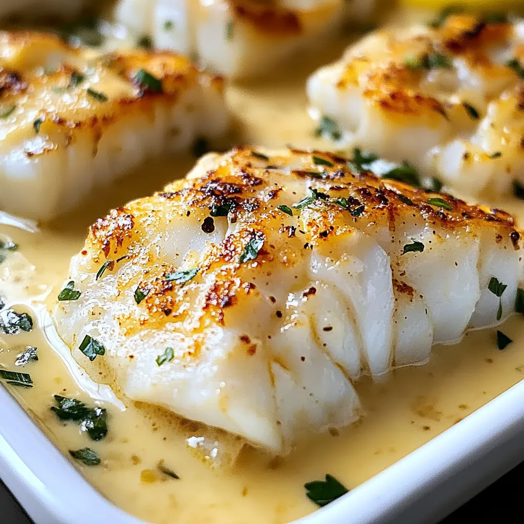 A dish of fish topped with a creamy drizzle.