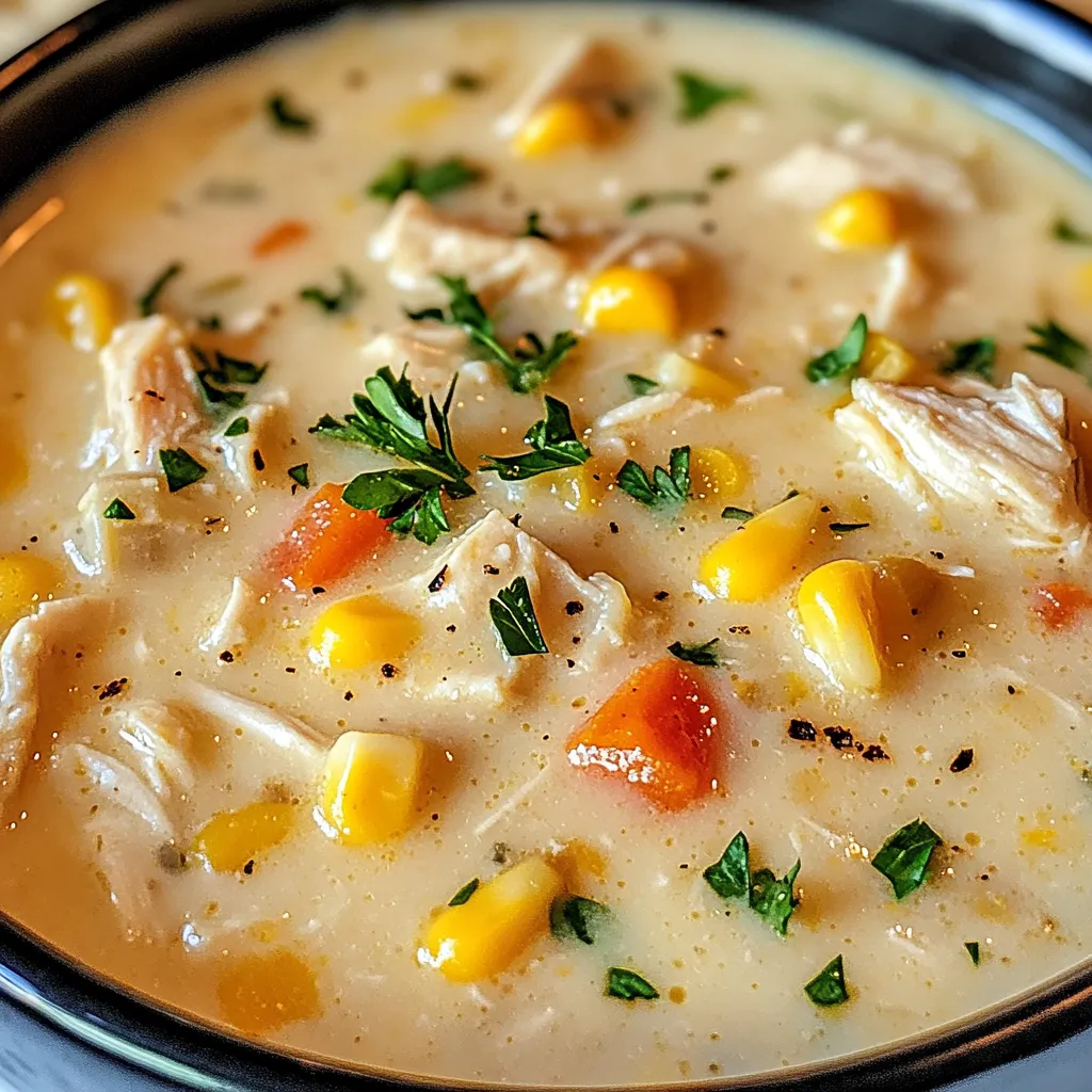 A hearty soup with chicken, corn, and potatoes.