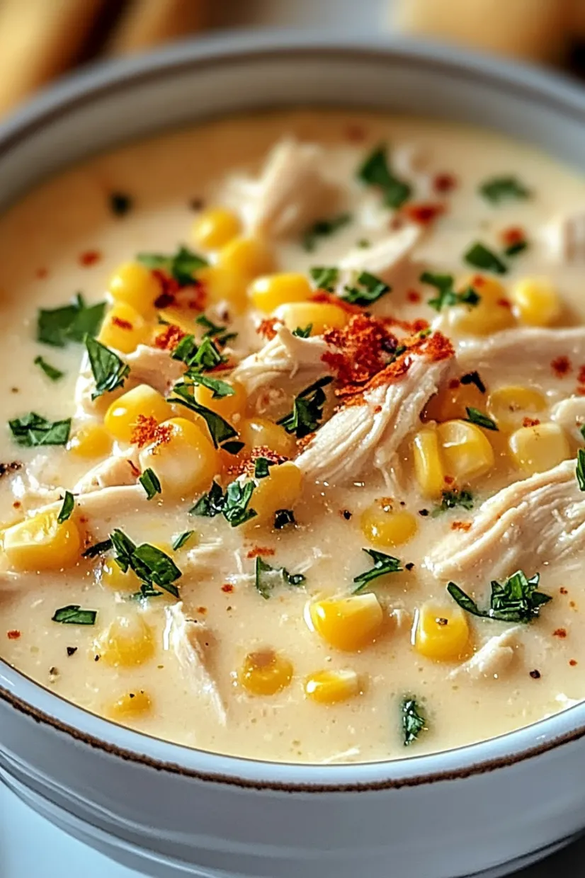 A bowl of soup with chicken and corn.