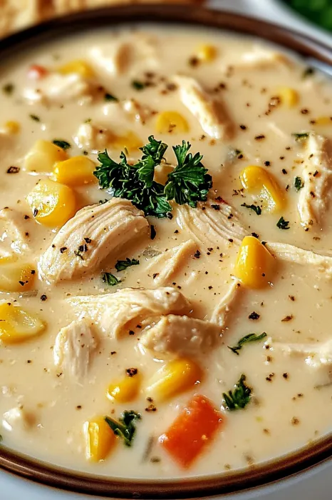 A bowl of soup with chicken and corn.